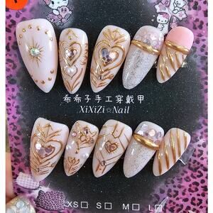 Pink & Gold Metallic Almond with Gems | Press on Nails - Handmade | Sz Large